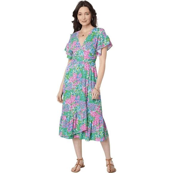 💗💚 LILLY PULITZER Juliet Ruffle V-Neck Midi Dress SIZE S NEW WITH TAGS - Picture 2 of 13
